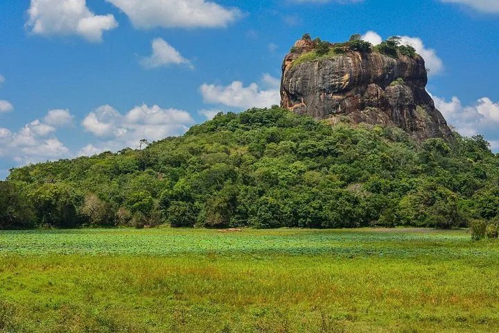 vista de la roca de Sigiriya elevándose sobre el denso bosque verde y los campos